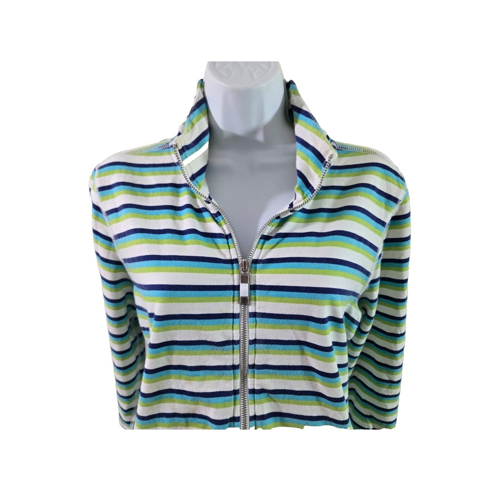 Tommy Bahama Women's Jacket Shirt L‎ Full Zip Striped Green Blue White